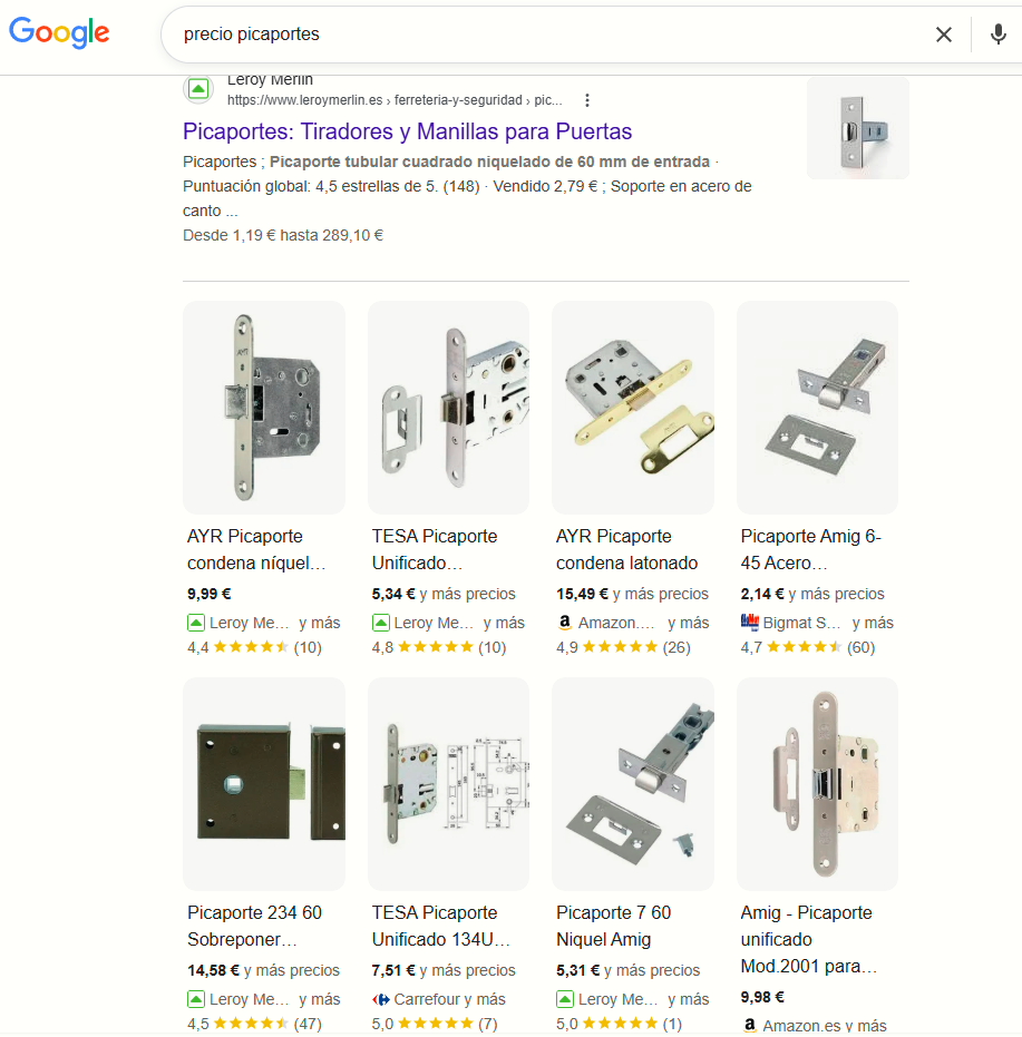 Resultados de búsqueda en Google para 'precio picaportes' mostrando productos de diferentes tiendas con precios y valoraciones.