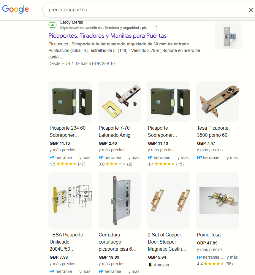 Resultados de búsqueda en Google para 'precio picaportes' mostrando productos de ferretería con precios en libras esterlinas desde una tienda online española.
