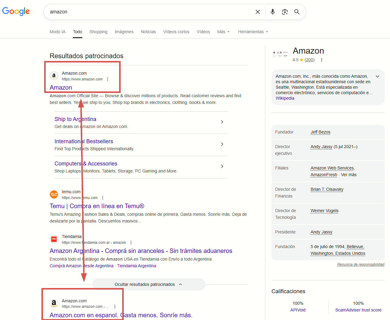 Resultados de búsqueda de Google para 'amazon' mostrando múltiples versiones en diferentes idiomas y regiones, incluyendo resultados patrocinados en español, inglés y enlaces a plataformas locales como Temu y Tiendamia.