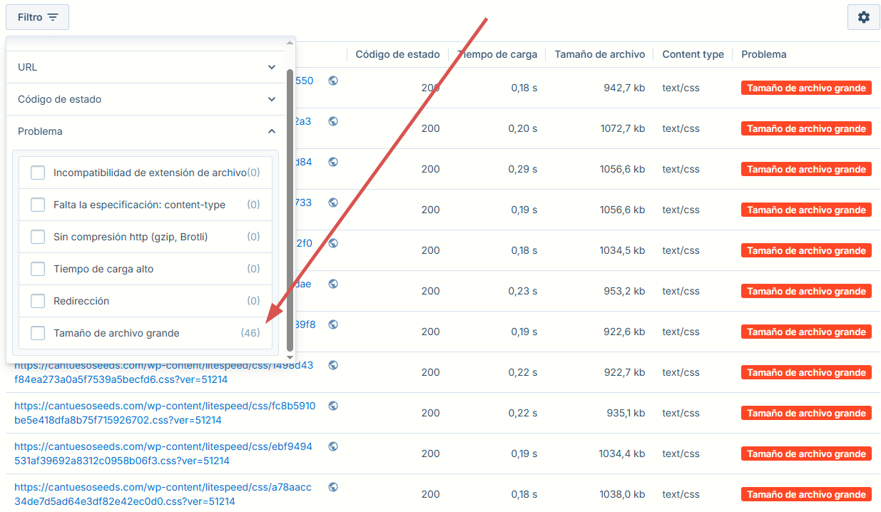 Informe de Seobility con una lista de archivos CSS de gran tamaño que ralentizan la carga de una página web, con columnas de código de estado, tiempo de carga y tamaño de archivo.