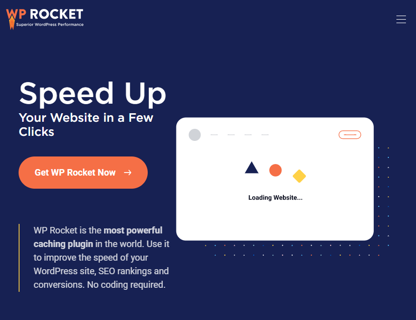 Interfaz de WP Rocket mostrando una página web en proceso de carga con el mensaje 'Loading Website...' y formas geométricas de colores.