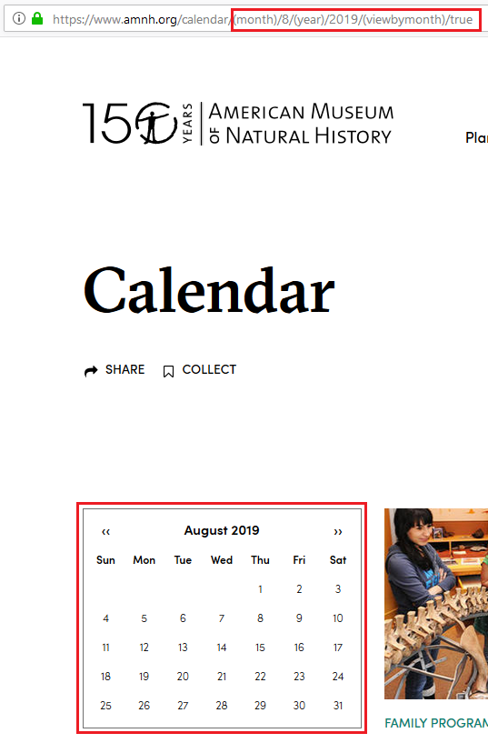 Captura de pantalla del calendario del Museo Americano de Historia Natural mostrando agosto de 2019 con una URL de parámetros de vista por mes.