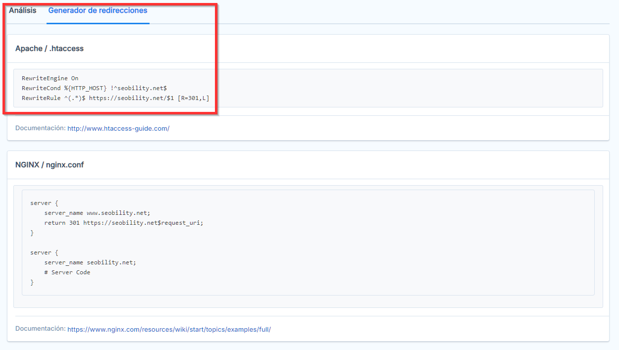 Ejemplo de configuración de redireccionamientos HTTP a HTTPS en Apache con .htaccess y en NGINX con nginx.conf para mejorar el rastreo de bots.