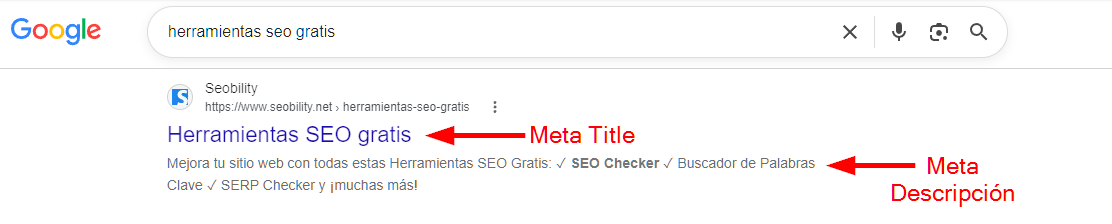 Resultados de Google para "herramientas seo gratis" donde se ven el meta title y la meta descripción del SEO Checker de Seobility.