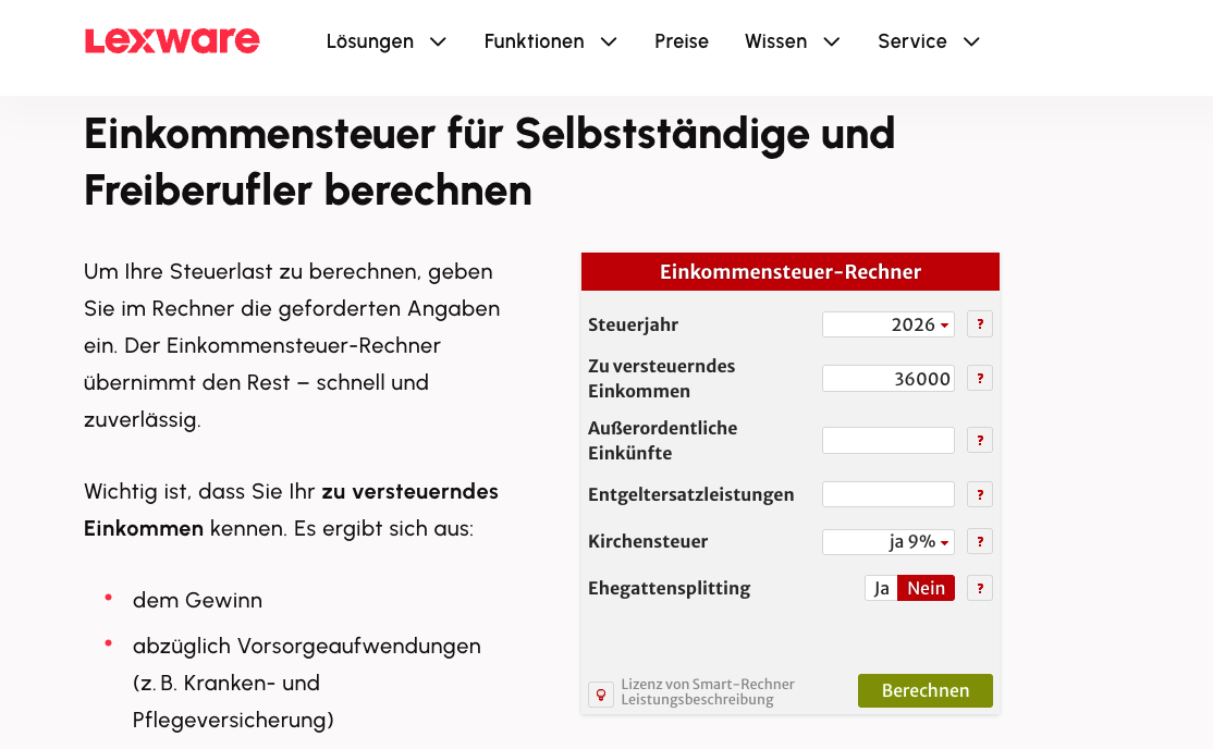 Webformular eines Einkommensteuer-Rechners für Selbstständige und Freiberufler mit Eingabefeldern für Steuerjahr, Einkommen und weitere Parameter.