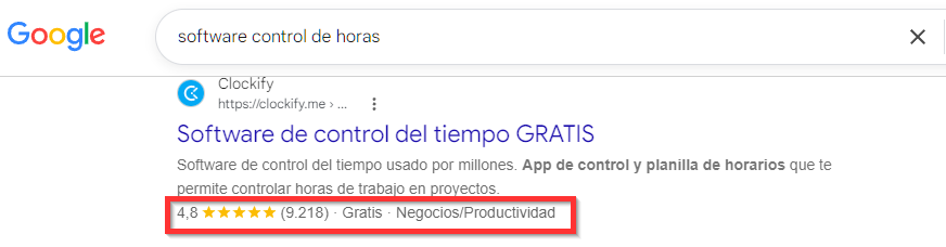 Página de resultados de Google con un resultado de un software de control de horas