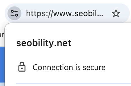 Chrome address bar for seobility.net with the settings icon and a panel showing the lock icon next to