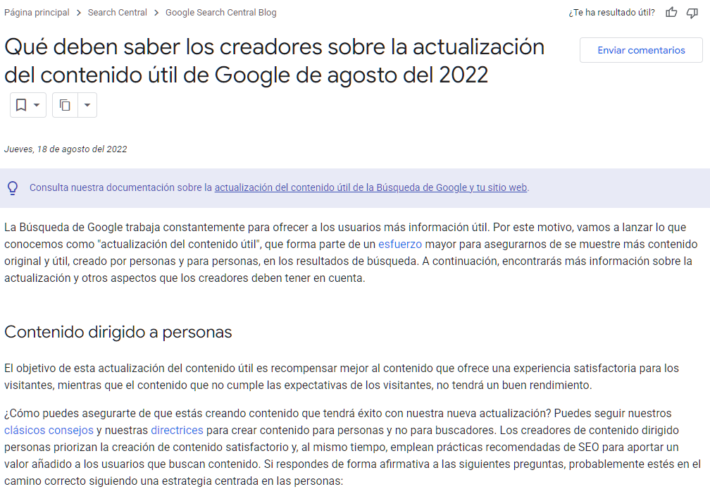 Captura de pantalla del artículo de Google Search Central sobre la actualización del contenido útil de agosto de 2022.