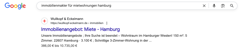 Google-Suchergebnis für Immobilienmakler in Hamburg mit einem Angebot von Wullkopf & Eckelmann für eine Mietwohnung.