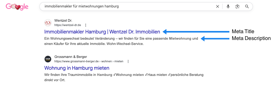 Google-Suchergebnisseite für Immobilienmakler Hamburg mit Beispielen von Meta Title und Meta Description.