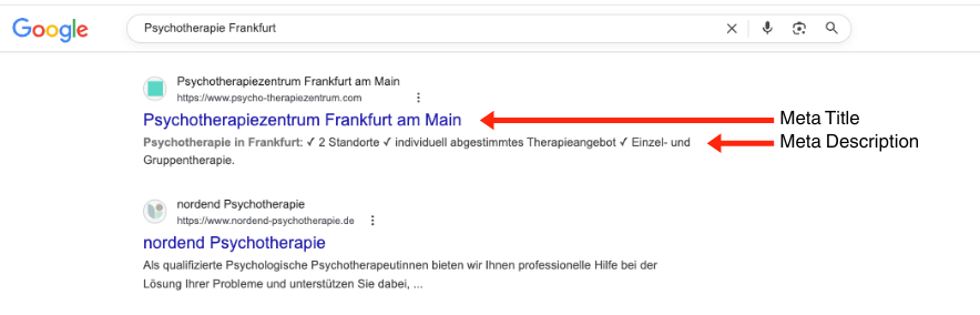 Google-Suchergebnisse für 'Psychotherapie Frankfurt' mit Markierungen der Meta Title und Meta Description eines Psychotherapiezentrums.