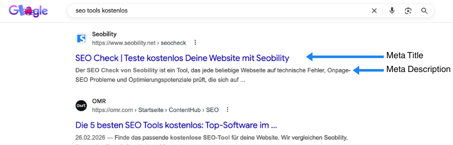Google-Suchergebnisse für 'seo tools kostenlos' zeigen Meta Title und Meta Description eines SEO-Check-Tools von Seobility.