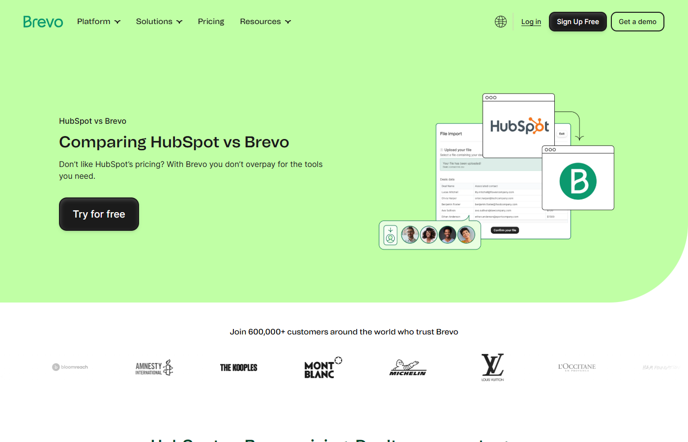 Brevo's HubSpot comparison page with headline 'Comparing HubSpot vs Brevo' and trust badges from Michelin, Louis Vuitton, and others.