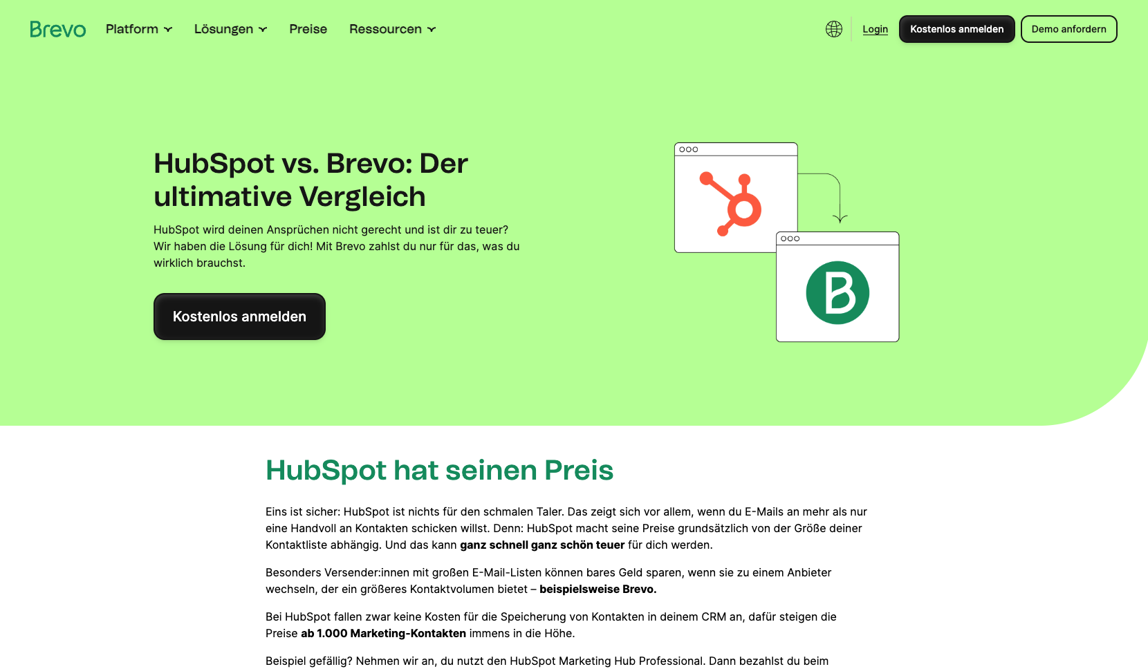Vergleichsseite zwischen HubSpot und Brevo mit Logos beider Plattformen und Informationen zu Preisunterschieden.