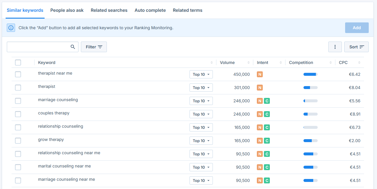 Seobility Keyword Research Tool with the query "therapist" entered and Google.com selected as the search engine.