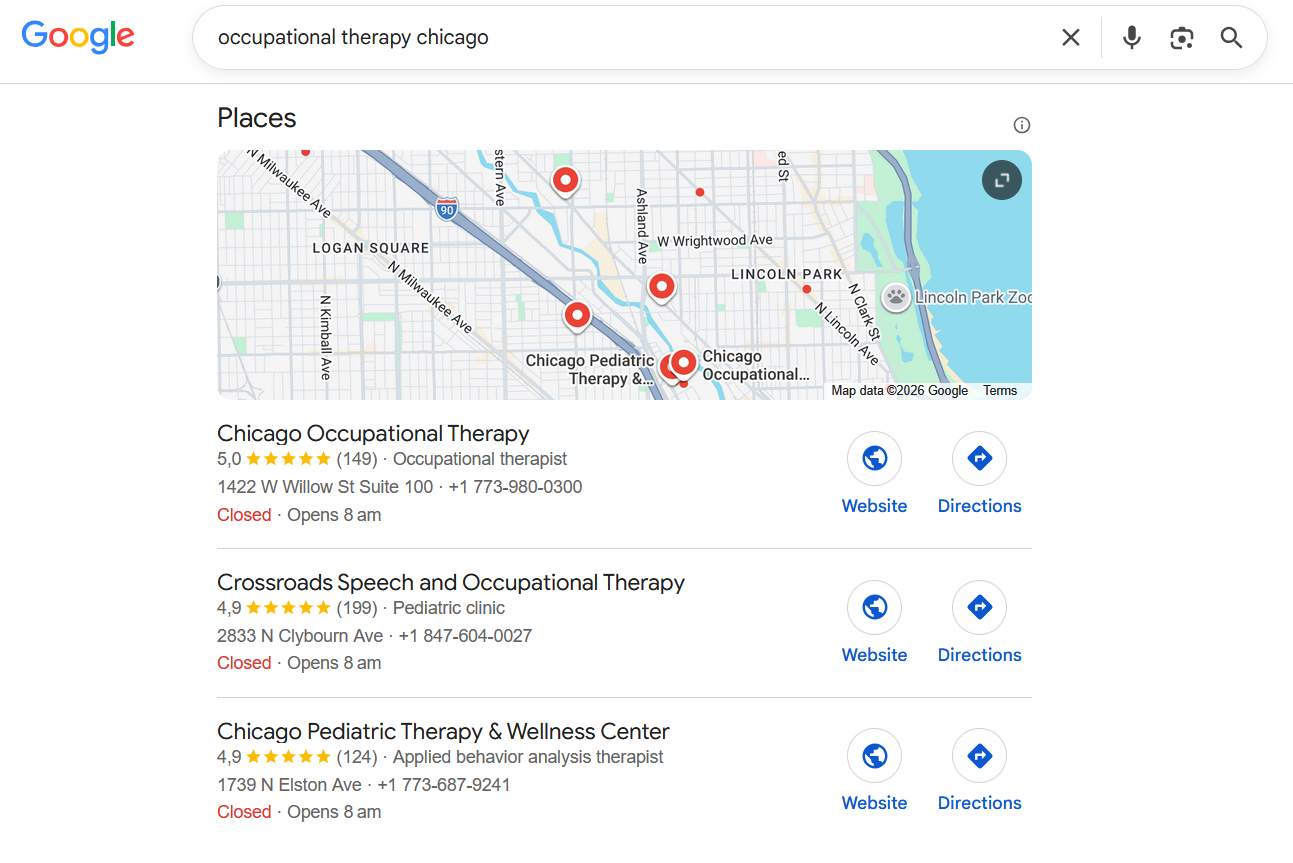 Google search results for 'occupational therapy Chicago' with a map view and three listed practices showing reviews and contact information.