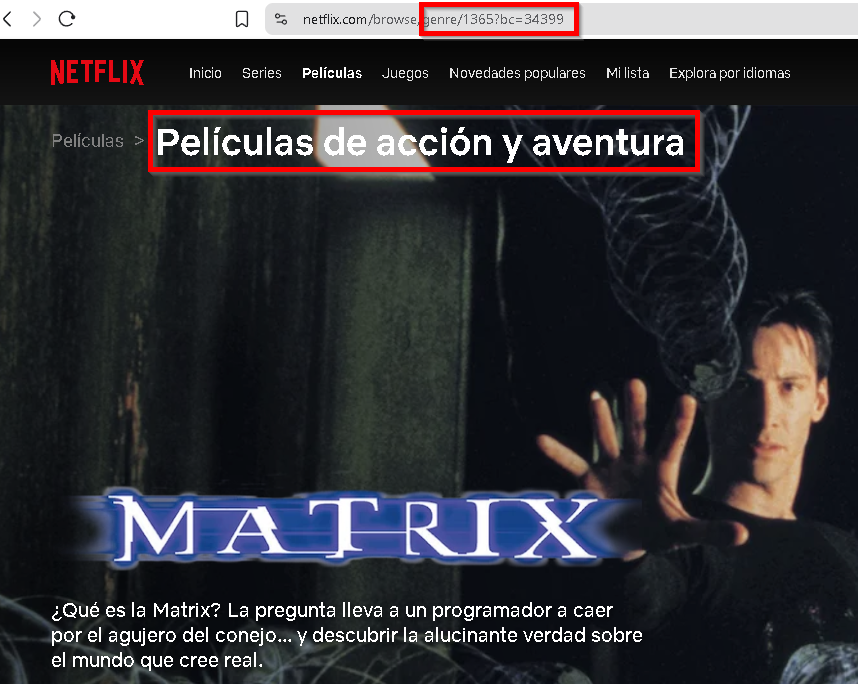 Captura de pantalla de Netflix mostrando la película Matrix en la categoría de películas de acción y aventura.