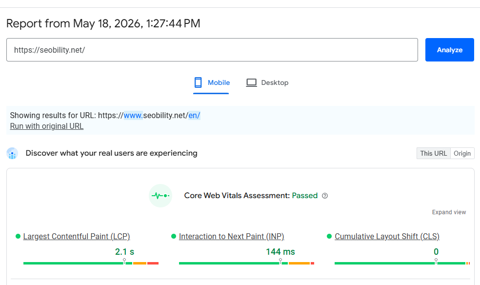 PageSpeed Insights report for seobility.net showing the Core Web Vitals score with an LCP of 2.2 seconds, INP of 82 milliseconds, and CLS of 0.