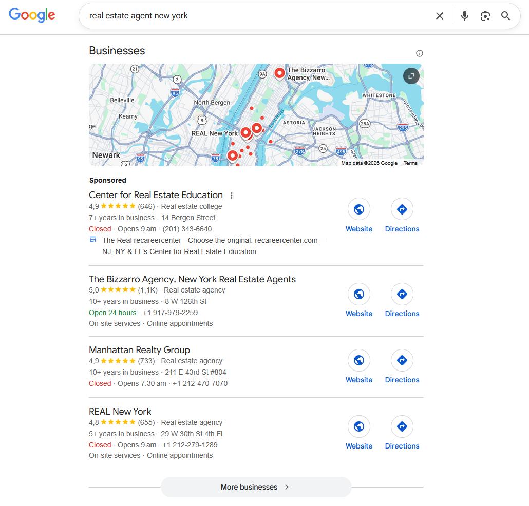 Google search results page for 'real estate agent new york' with a map view and a list of four real estate agencies in New York.