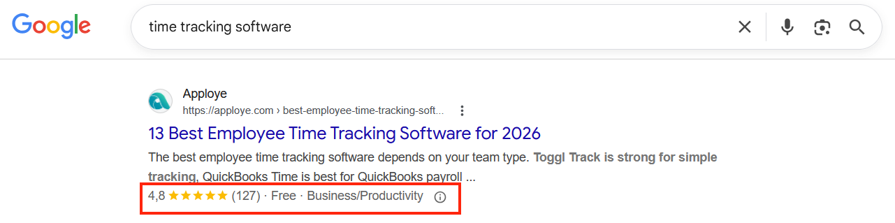 Google search result page with a listing for time tracking software