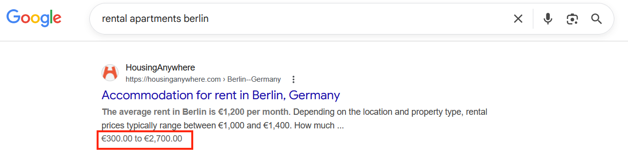 Google search result for a real estate agent in New York with a listing showing a price range for a rental apartment.