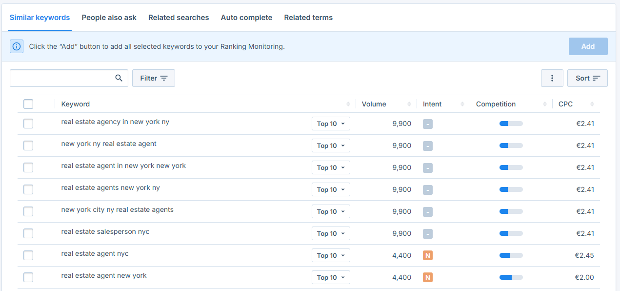 Keyword Research Tool with relevant search terms for real estate agents in New York, including search volume, competition, and CPC.
