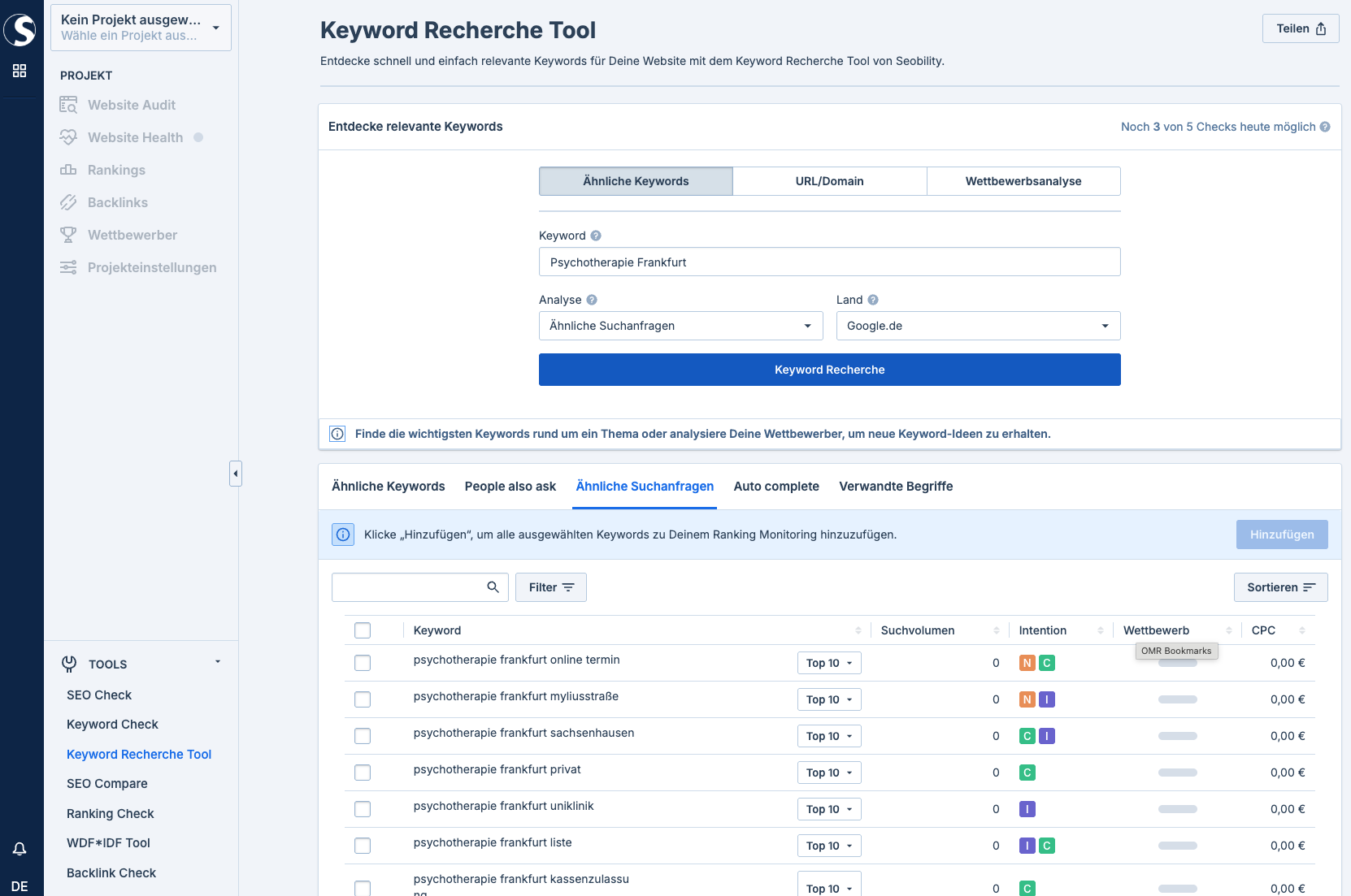 Seobility Keyword Recherche Tool mit Suchanfragen für 'Psychotherapie Frankfurt' und einer Tabelle mit verwandten Keywords wie Online-Termin, Myliusstraße und Privatpraxis.