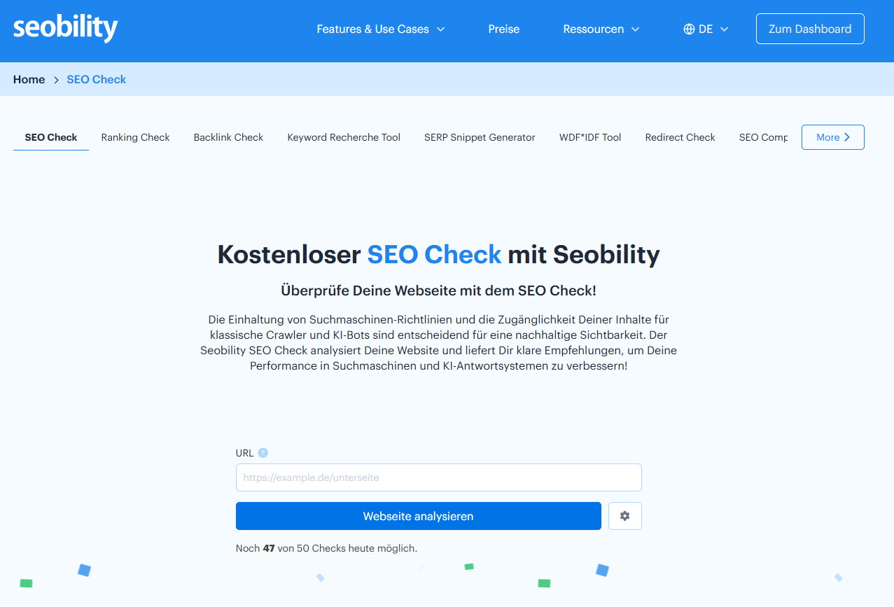 Die Seobility SEO Check Startseite mit Eingabefeld für Website-URLs und der Schaltfläche zur Website-Analyse.