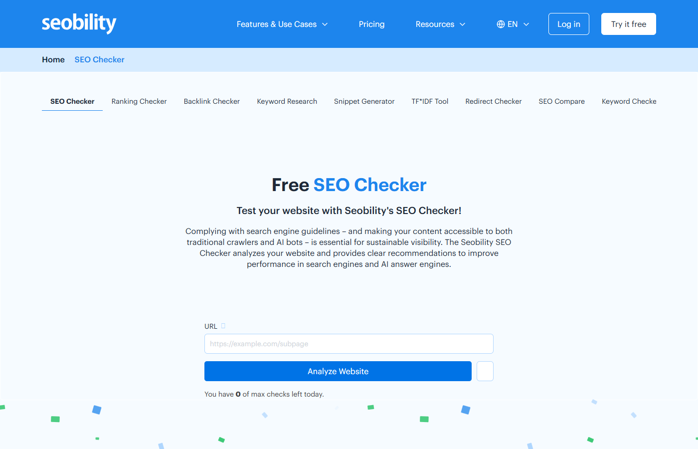 The Seobility SEO Checker landing page with an input field for website URLs and an Analyze Website button.