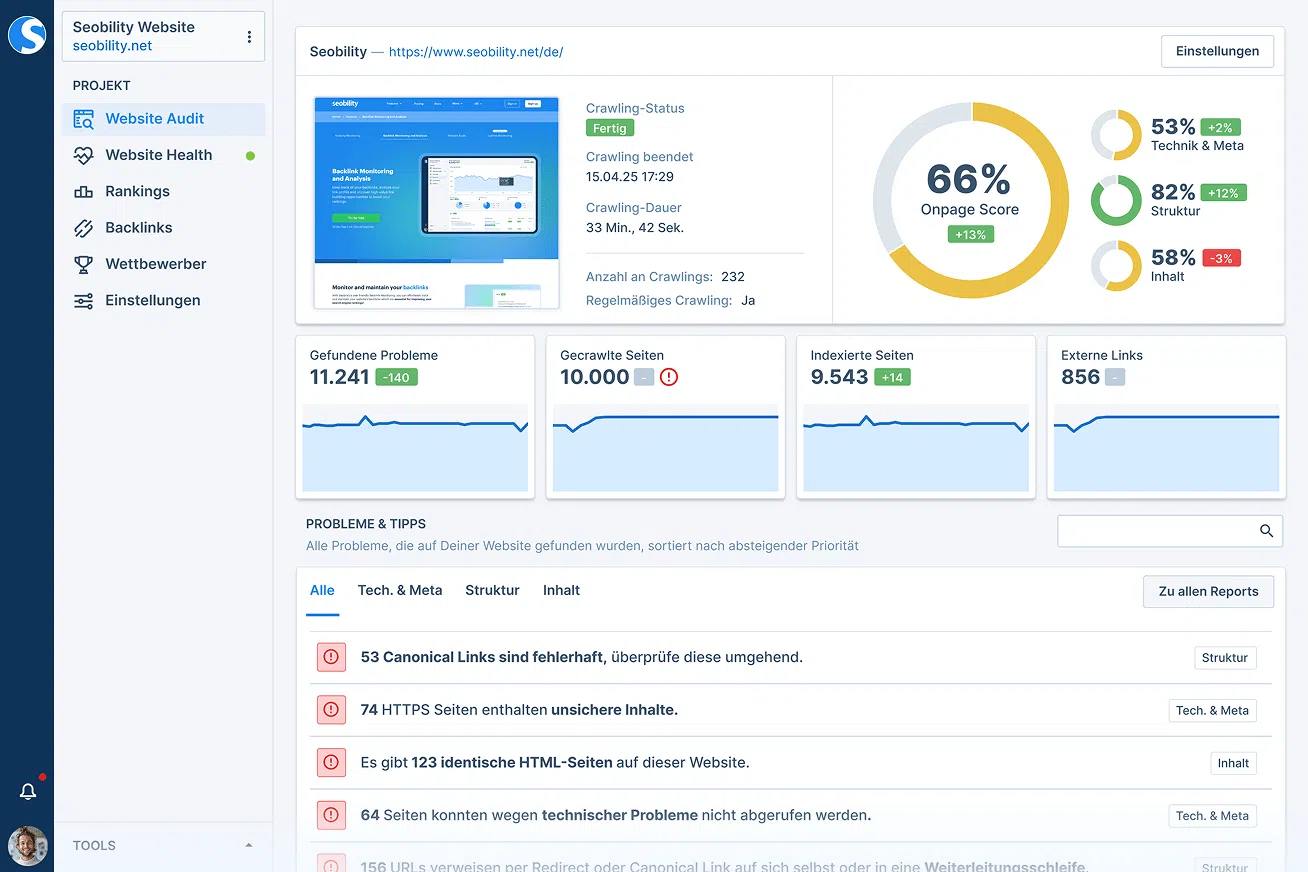 Seobility-Dashboard zeigt ein Website-Audit mit 66% Onpage Score, Crawling-Status und detaillierten Metriken zu gefundenen Problemen, gecrawlten Seiten und indexierten URLs.