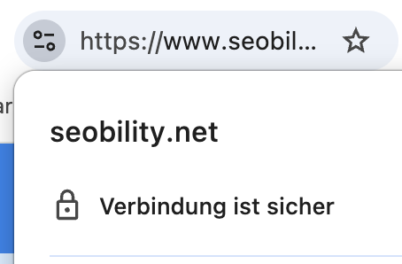 Screenshot der Seobility.net Website mit grünem Sicherheitssiegel und der Anzeige 'Verbindung ist sicher'.