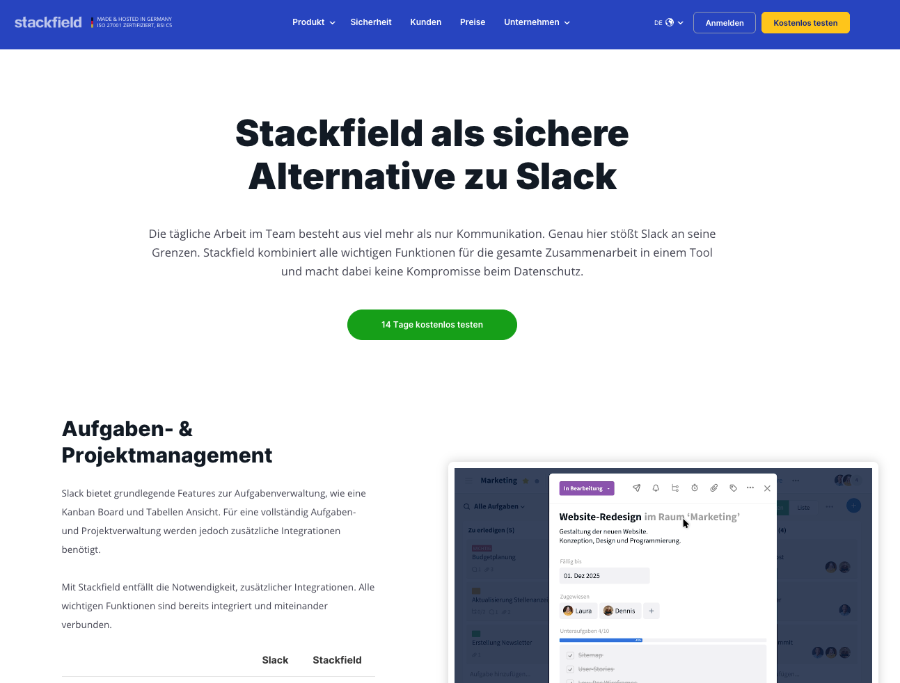 Startseite von Stackfield mit Überschrift zur sicheren Alternative zu Slack und Screenshot der Aufgaben- und Projektmanagement-Funktionen.