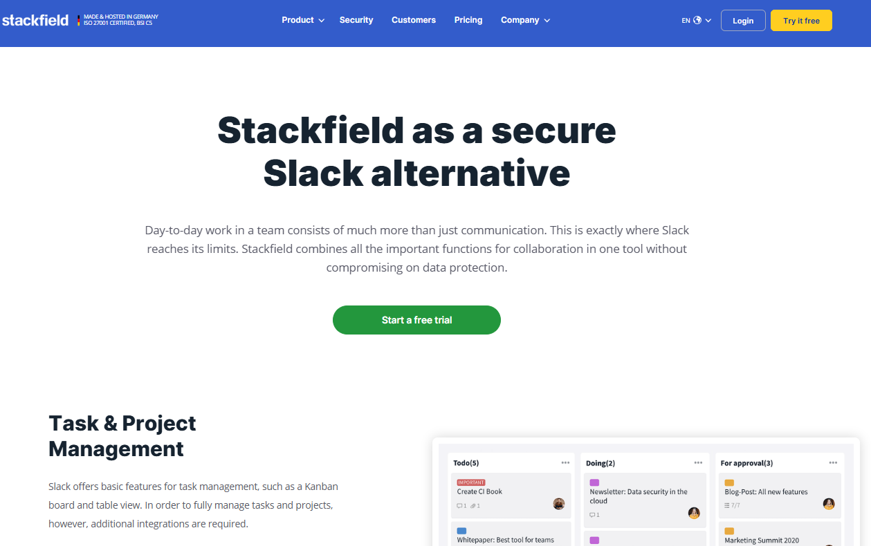 Stackfield's Slack alternative landing page with the headline 'Stackfield as a secure Slack alternative' and a Task & Project board preview.