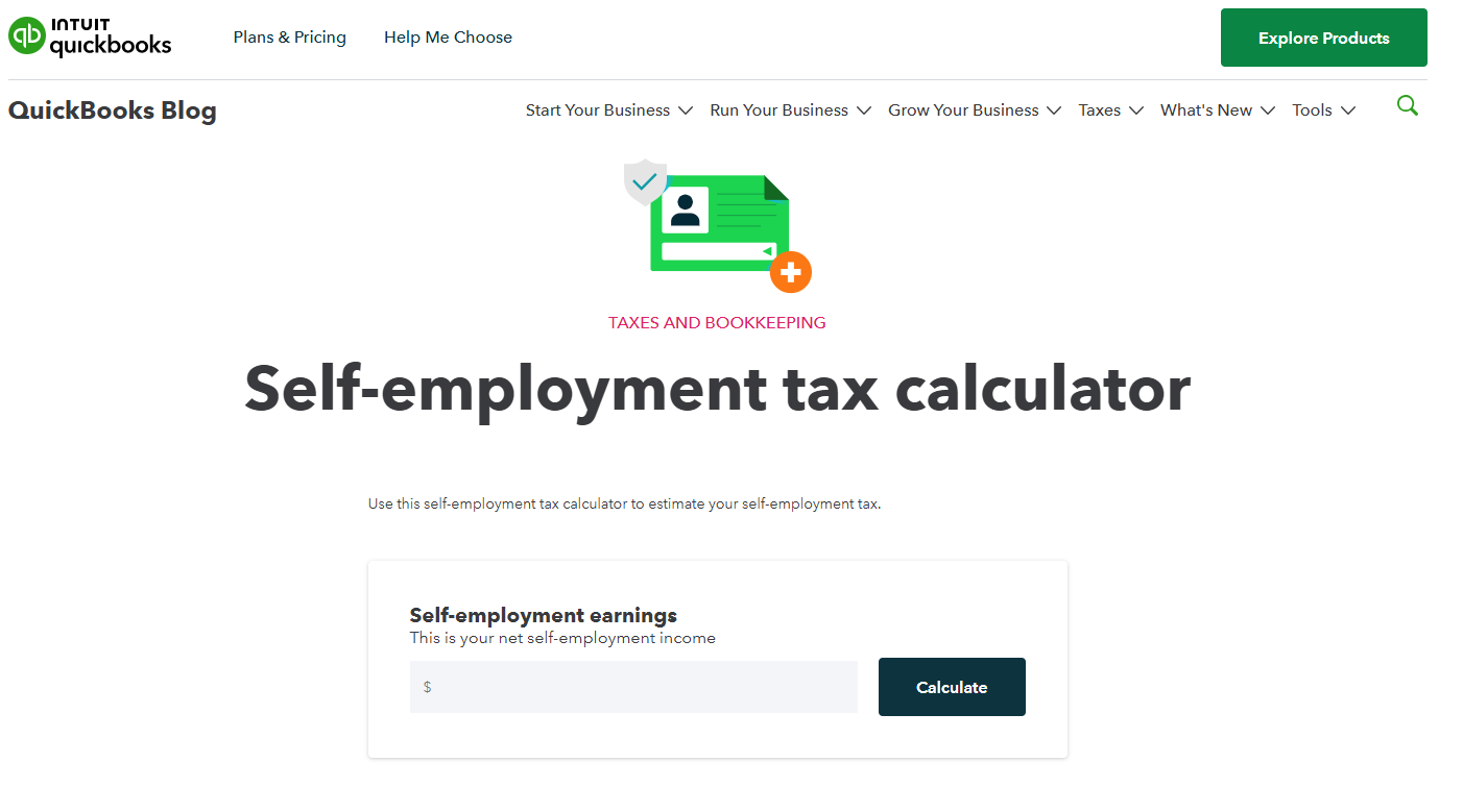QuickBooks free Self-Employment Tax Calculator with an input field for self-employment earnings and a Calculate button.