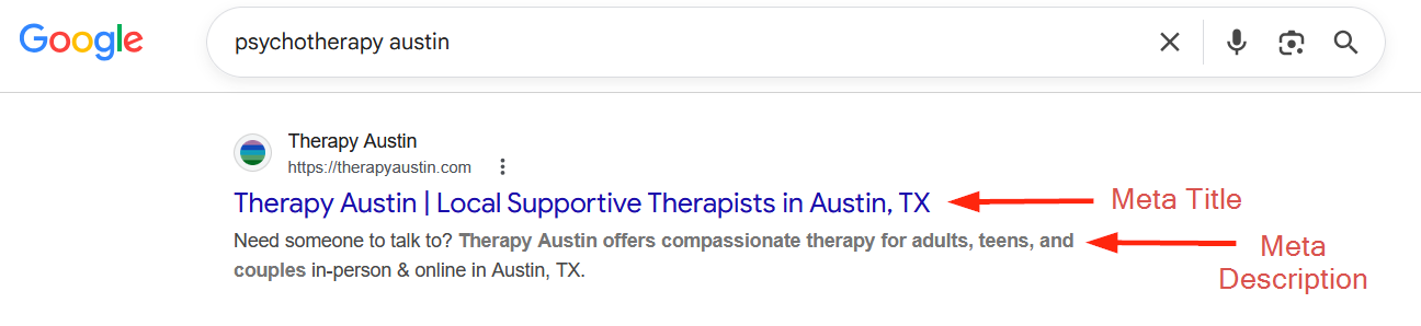 Google search results for 'psychotherapy Austin' with the meta title and meta description of a psychotherapy center highlighted.