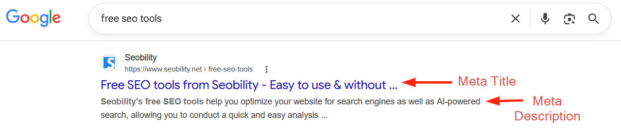 Google search results for 'free seo tools' showing the meta title and meta description of an SEO Checker tool by Seobility.