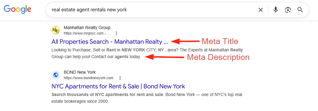 Google search results page for real estate agent New York with examples of meta title and meta description.