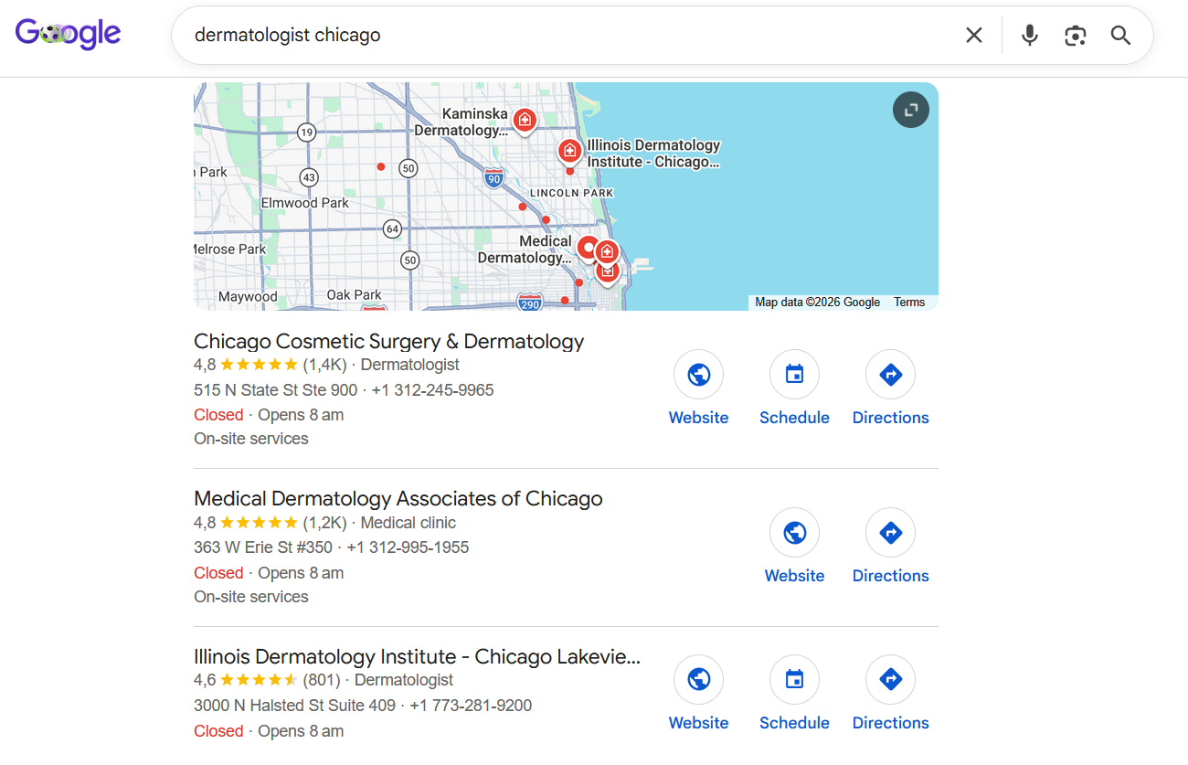 Google search results page for 'dermatologist Chicago' showing a map and three listed dermatology practices with reviews and contact options.