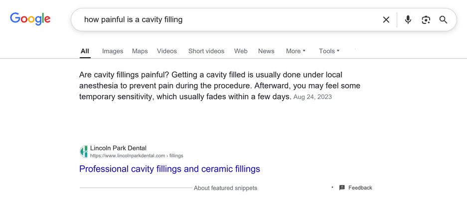 Google search result for the query 'how painful is a cavity filling' with a snippet from a dental practice.