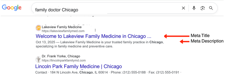 Google search results for 'family doctor Chicago' showing the meta title and meta description of a medical practice.
