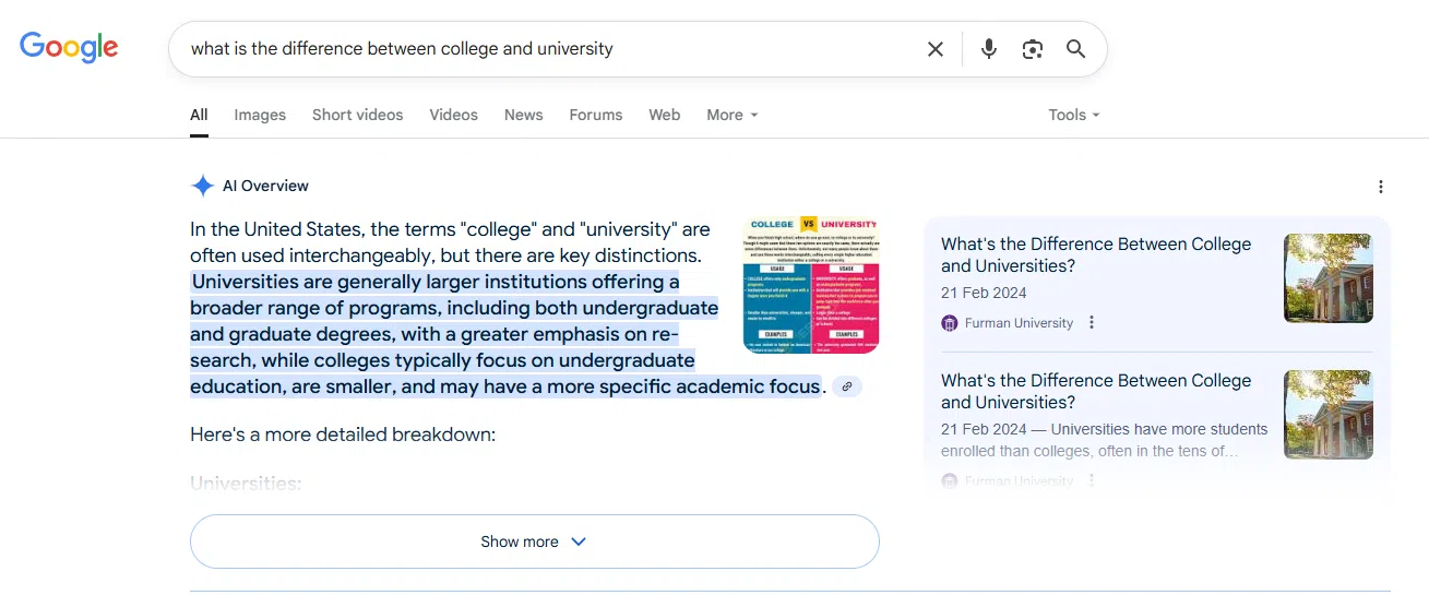 Google search results page showing an AI Overview section with information about the differences between college and university.