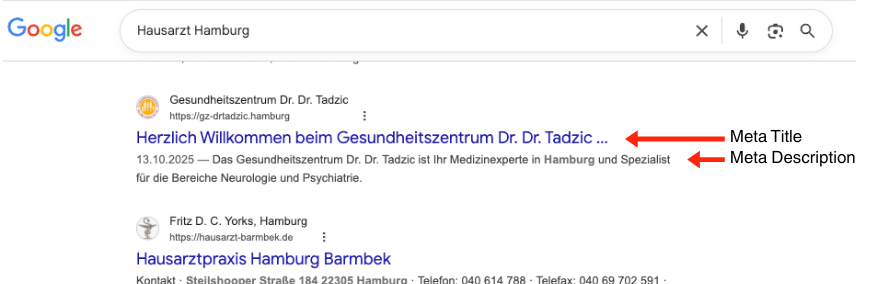 Google-Suchergebnisse für 'Hausarzt Hamburg' mit Meta Title und Meta Description einer Arztpraxis.