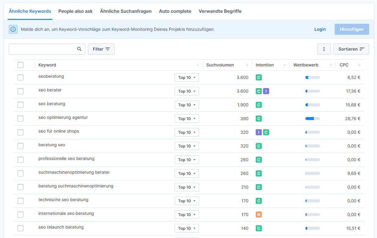 Ein Keyword-Recherche-Tool, das Suchvolumen, Suchintention, Wettbewerb und Cost-per-Click-Daten für Keywords rund um SEO-Beratung zeigt.