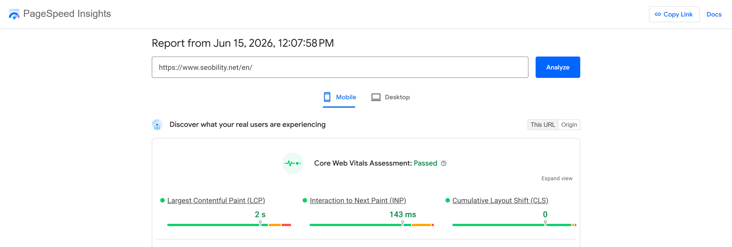 PageSpeed Insights report for seobility.net showing a passed Core Web Vitals assessment, with a Largest Contentful Paint of 2 seconds, Interaction to Next Paint of 143 milliseconds, and Cumulative Layout Shift of 0.