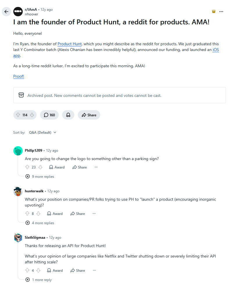Ein Reddit-AMA-Thread, in dem der Gründer von Product Hunt über die Plattform spricht und Fragen der Community beantwortet.
