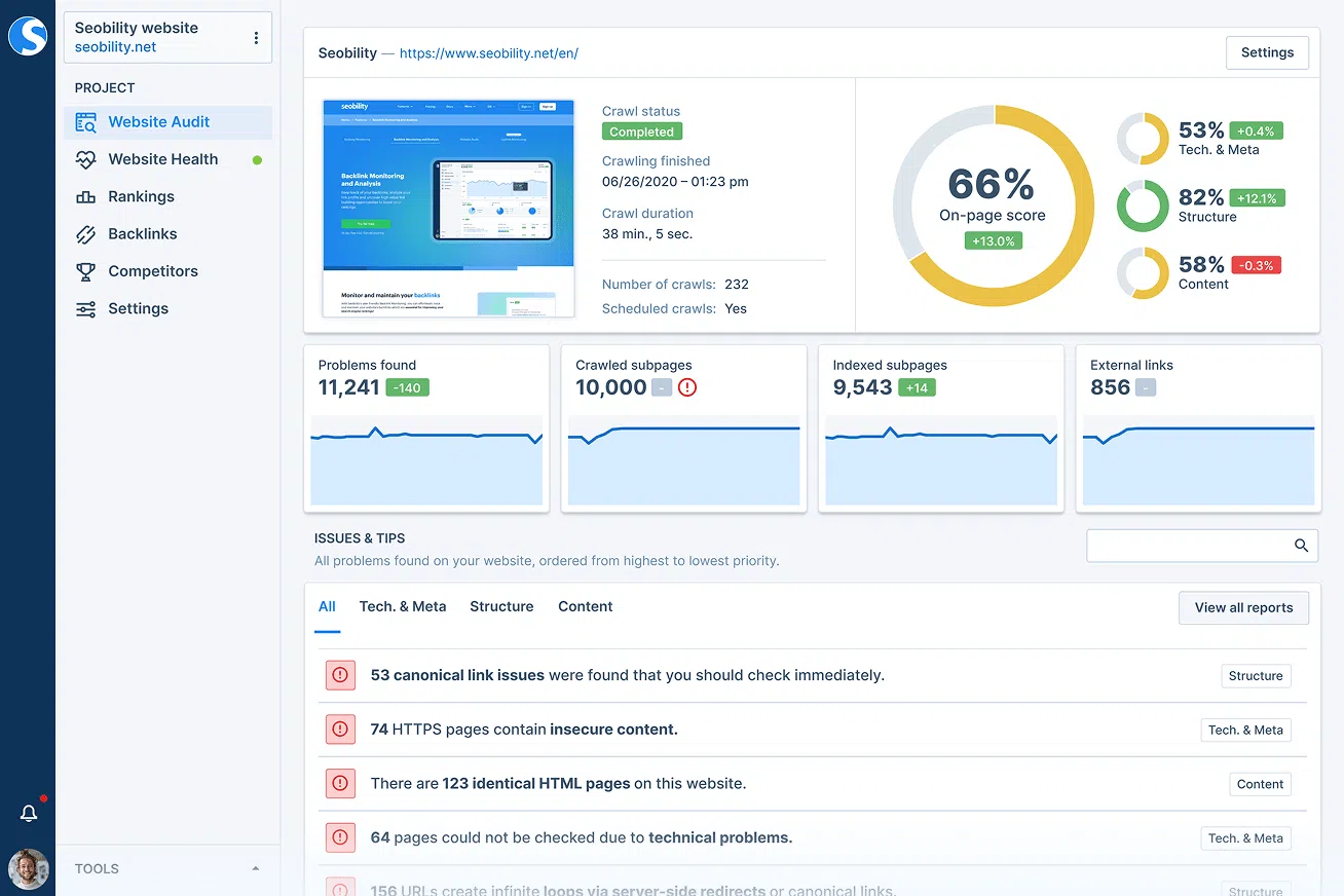 Seobility website audit dashboard showing a 66% on-page score with crawl status, problems found, and issues & tips section listing SEO issues to fix.
