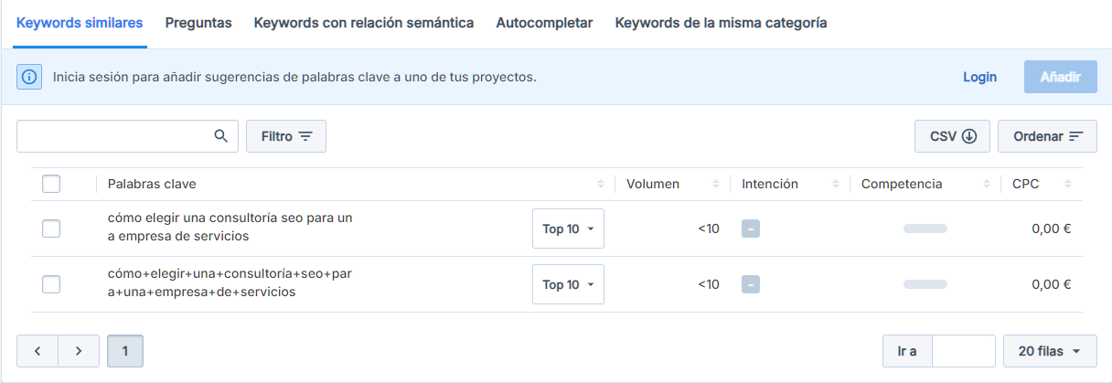 Herramienta de investigación de palabras clave que muestra volumen de búsquedas, intención, competencia y coste por clic de keywords relacionadas con la consultoría SEO.