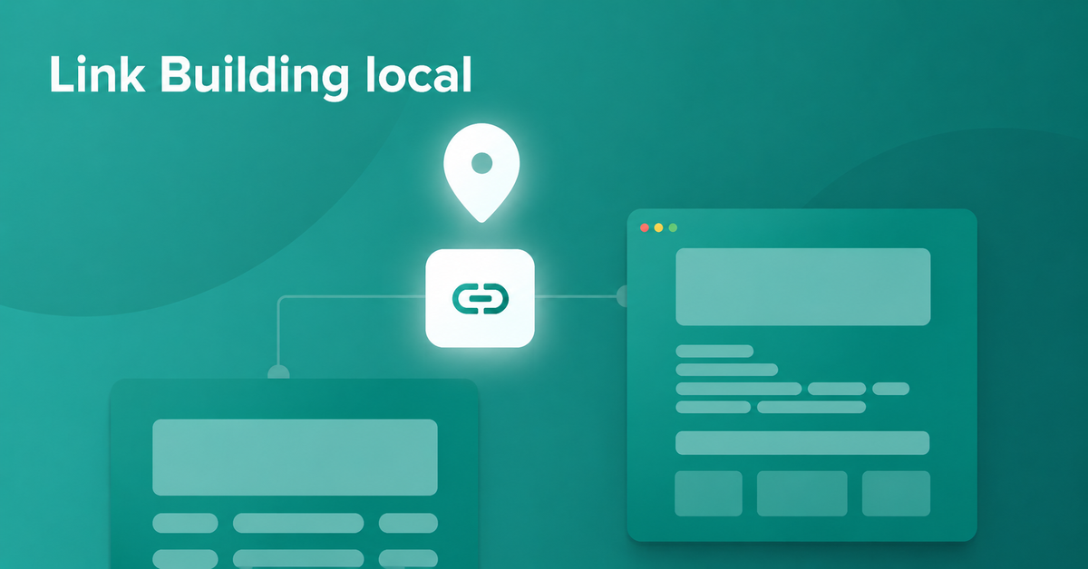 Link building local: dos sitios web conectados por un icono de enlace bajo una chincheta de ubicación