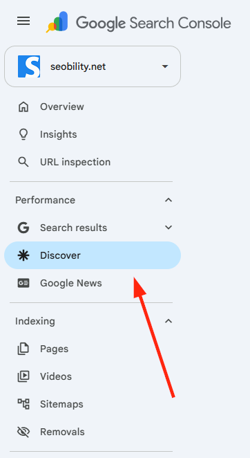 Google Search Console menu with the Discover section highlighted under Performance for seobility.net.