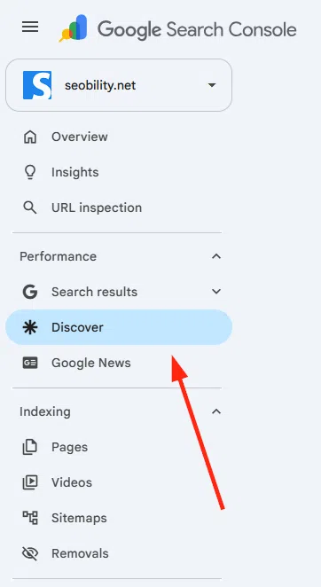Menú de Google Search Console con la sección Discover destacada dentro de Rendimiento para seobility.net.